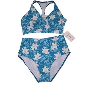 Jasambac Womens Floral High Waisted Bikini Set Blue Teal Racerback Swimsuit M